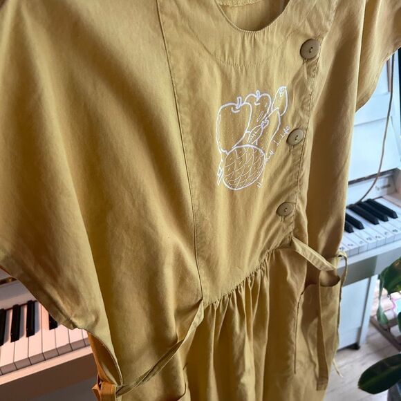 Vintage Boho Prairie Yellow Mustard Midi Dress with Fruit Healthy Life Logo M - Picture 6 of 16